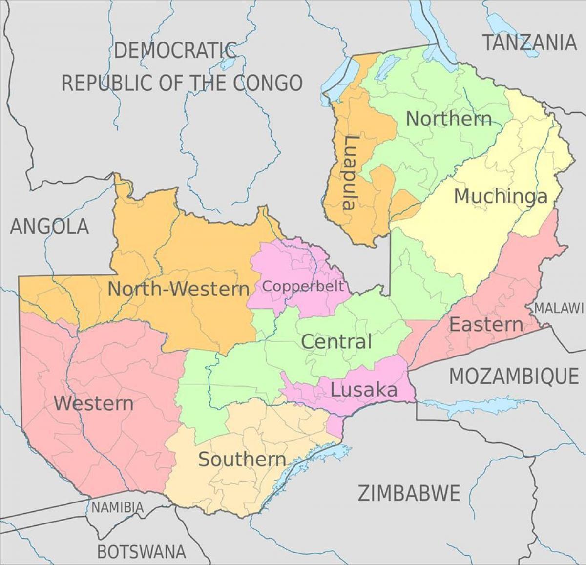 kaart, Sambia, mis näitab 10 provintsid