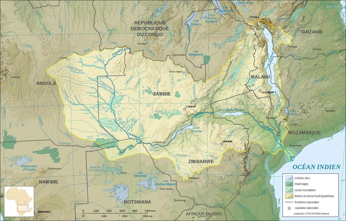 kaart, Sambia, mis näitab jõgede ja järvede