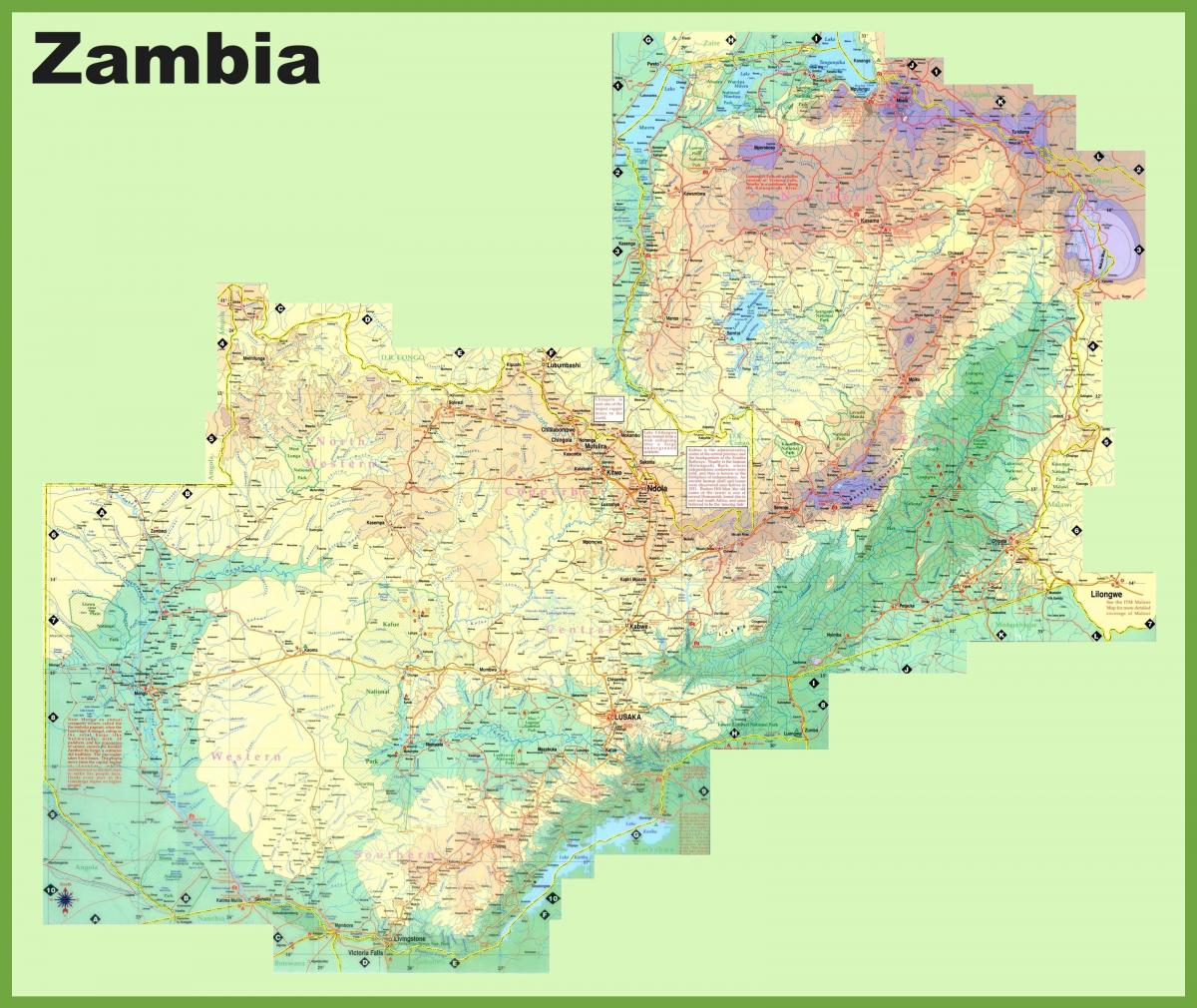 kaart, Sambia, millel on näidatud kõik linnad