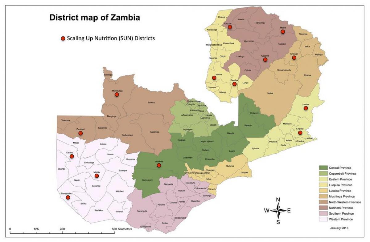 Sambia linnaosade uuendatud kaardil